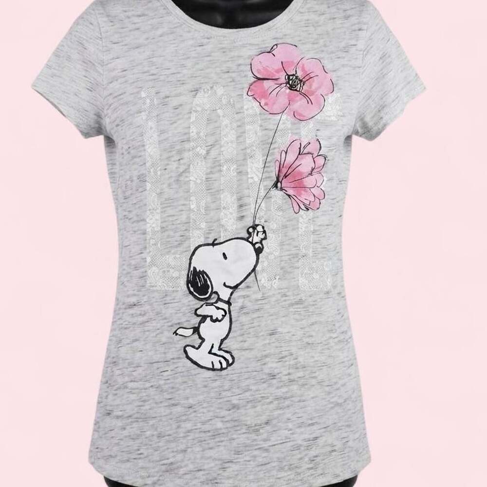 Peanuts Snoopy Love Pink Flowers Heather Gray Graphic T-Shirt XL